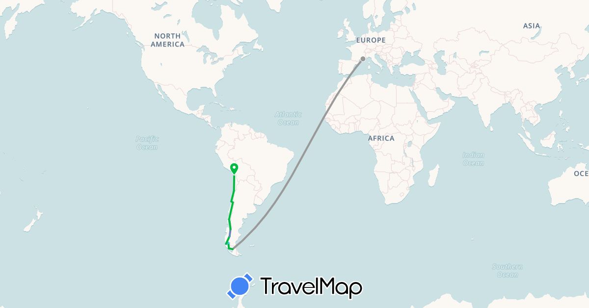 TravelMap itinerary: driving, bus, plane, cycling, boat in Chile, France (Europe, South America)